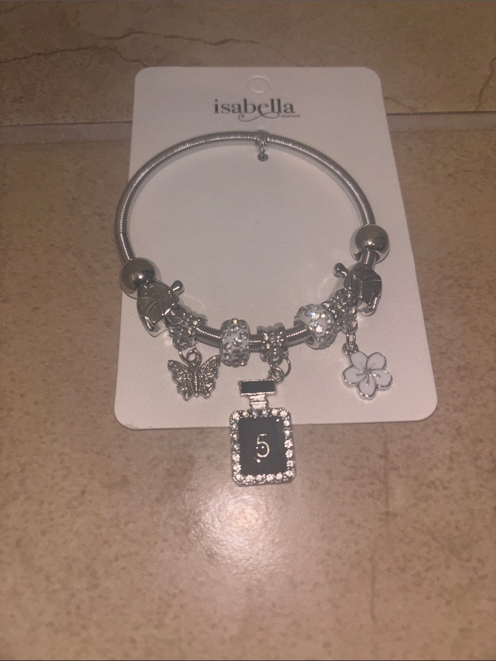 Silver Charm Bangle with Perfume Bottle, Flower & Butterfly Charms